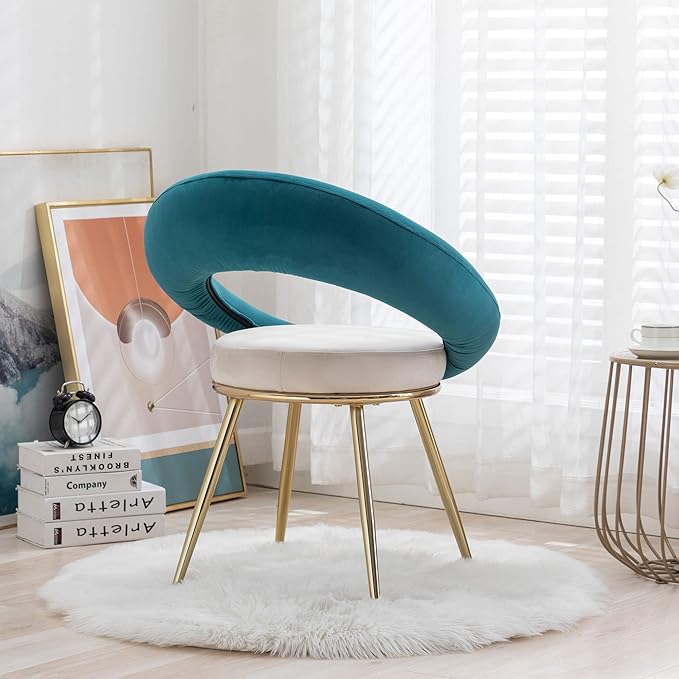 Generic Peacock BlueOff White Velvet Modern AccentConversation Lounge Chair with Gold Plated Legs Unique AppearanceSuitable for Office Lounge Living Room