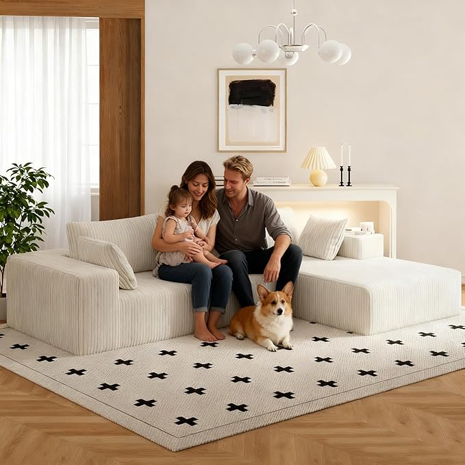 Boneless Couch Corduroy Sectional Sofa Cloud Couches Deep Seat L-Shaped Sofa No Assembly Pet-Friendly Apartment Couch for Small Spaces (Beige L Shape with Right Facing Chaise)