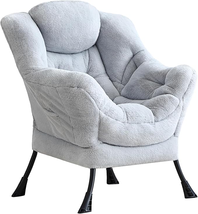 LITA Lazy Chair with Armrests and Side Pocket Modern Upholstered Accent Reading Chair for Living Room Bedroom Dorm Small Spaces Single Plush Grey