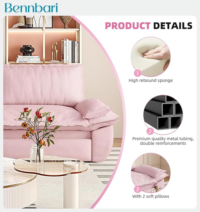 73.2 Queen Size Pull Out Sofa Bed 3-in-1 Velvet Convertible Sleeper Loveseat for Living Room Apartment Bedroom &amp Small Spaces (Pink)