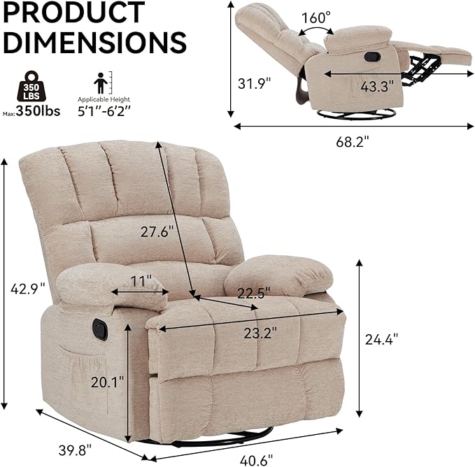 WILLOVE Oversized Rocker Recliner Chair Rocking Recliners Overstuffed Soft Big Man Manual Recliner Extra Large Living Room Chair 350 LBS CapacitySandy Normal