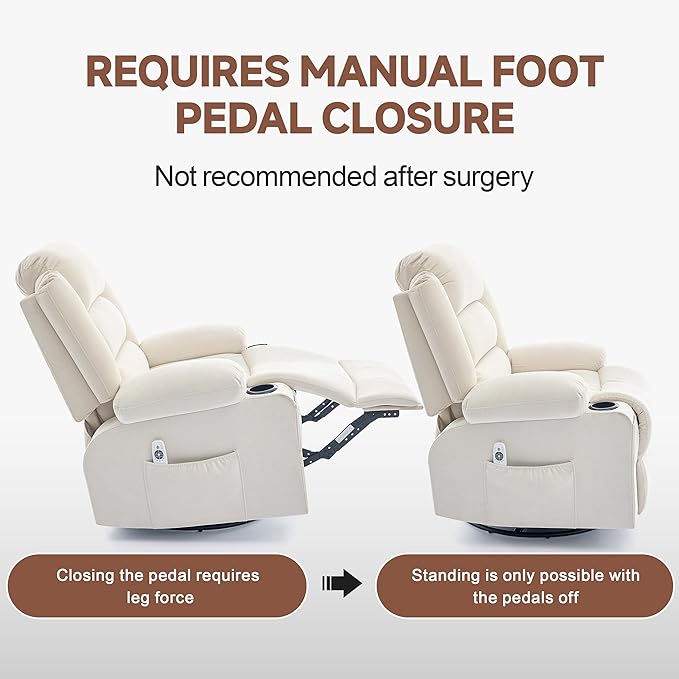 Rocker Recliner Chair with Heat and Massage 360° Swivel Nursery Rocking Chairs for Adults Oversized Recliner Single Sofa Seat with Cup Holders Lazy Boy Recliner Single Sofa (Manual Beige)
