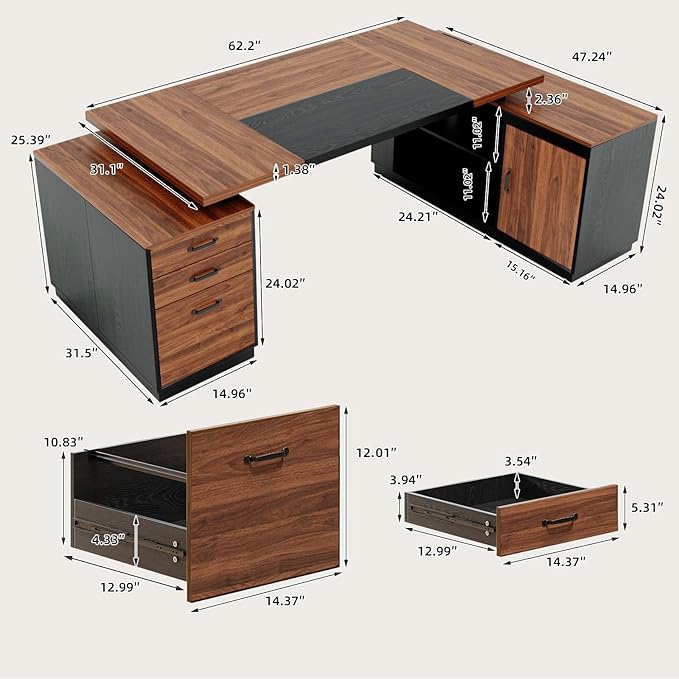 Executive L-Shaped Desk with Storage Cabinet 78-Inch Large Home Office Desks with Power Outlet and Lateral File Cabinet Modern Computer Desk with Drawers and Open Shelf Brown Black
