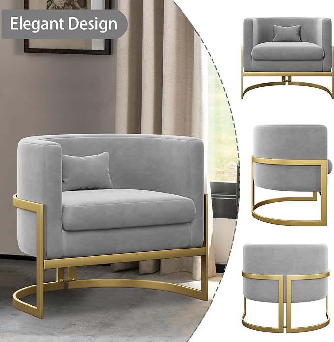 Alunaune Modern Velvet Accent Chair Barrel Living Room Chairs Upholstered Armchair Lounge Chair Mid Century Tub Bucket Club Side Chair Sofa for Bedroom-Grey