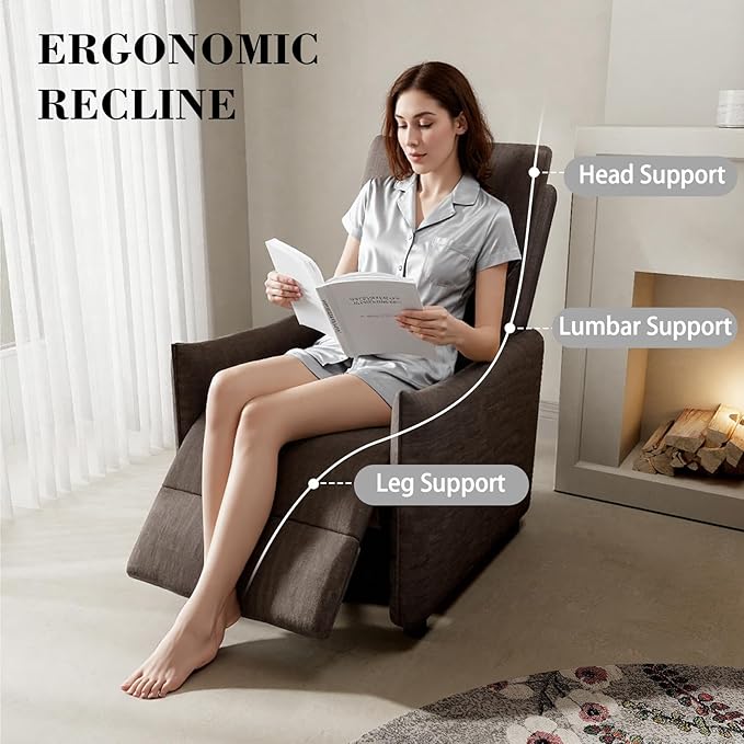 Chenille Fabric Recliner Chair for Adults - Manual Push Back Reclining Sofa with Sturdy Metal Frame Overstuffed High-Density Foam Adjustable Footrest for Living Room Home Theater (Brown)