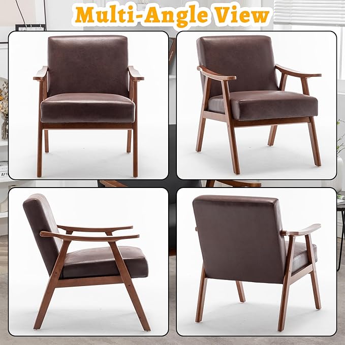 Mid Century Modern Accent Chair Upholstered Armchair Comfy with Wood Legs Siting Chair with Soft Cushion PU Leather Side Chairs for Living Room Bedroom Office (Microfiber Dark Brown)