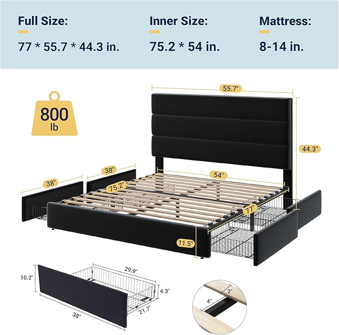 Allewie Modern Full Size Platform Bed Frame with 4 Storage Drawers and Velvet Upholstered Headboard Wooden Slats Support Upholstered Mattress Foundation/No Box Spring Needed/Easy Assembly Black