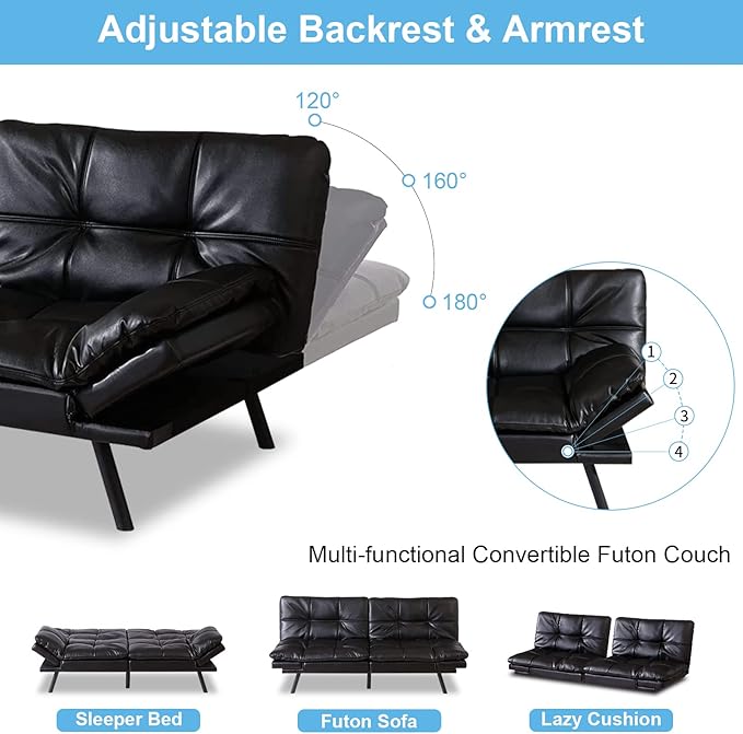 Black Faux Leather Futon Convertible Couch Bed Folding Memory Foam Sleeper Loveseat Adjustable Lounge Futon Sets Sofabed for Living RoomApartmentDormOffice