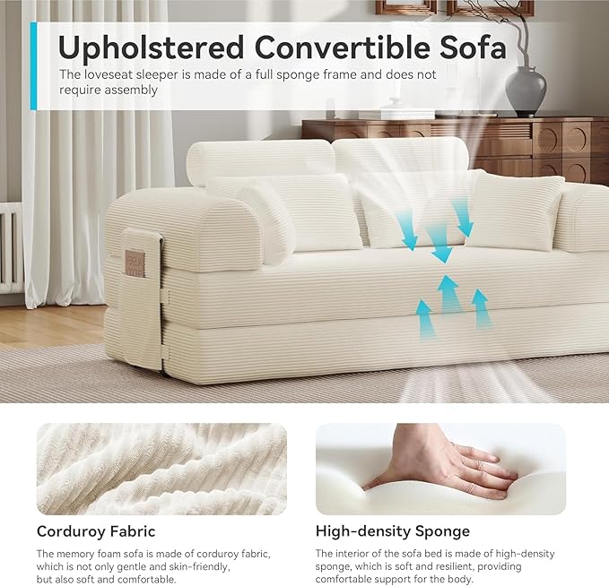 79'' Upgrade High Backrest Sofa Bed with Fixed Frame Removable Armrests &amp Backrest Corduroy Fabric Convertible Couch for Small Spaces No Assembly Needed (High Backrest Beige White)