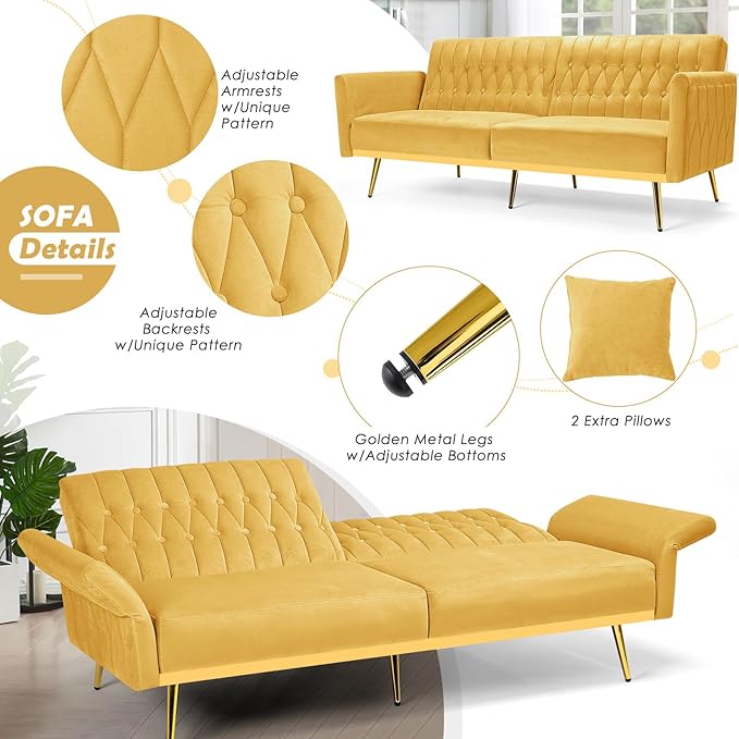 70 Velvet Futon with Adjustable Backrest and Armrests Sofa Bed with Extra Pillows for Waiting Room Living Room and Office Yellow