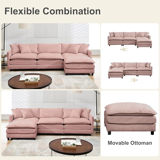 Modular Sectional Sofa108.27'' Modern Sofa Sleeper Couch with 3 Seat &amp 1 Ottoman &amp 3 pillows Sofa SetComfy Cloud Couches with Movable Ottoman Deep Seat Sofa for Living Room Chenille (pink L