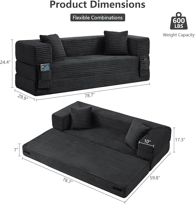 GNIXUU 78.7 Boneless Convertible Sleeper Sofa Bed 4-in-1 Folding Corduroy Futon Couch Bed Oversized Loveseat Modular Floor Mattress Couch for Living Room Bedroom Lounge No Assembly Grey