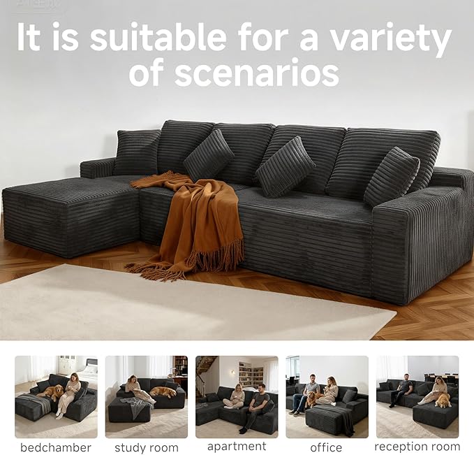 142 Cloud Modular Boneless Couch L-Shaped Left Facing Chaise Sectional Sofa Deep Seat Plush Corduroy Upholstery - Memory Foam Comfy Fluffy Couches for Living Room Bedroom No Assembly Required