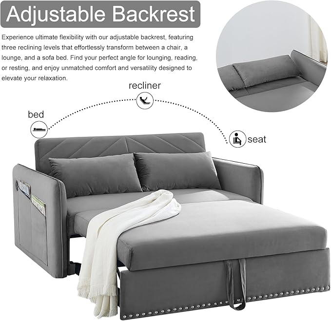 3 in 1 Convertible Sleeper Futon Sofa Bed 55 Velvet Small Loveseat Lounge Couches with 2 Pillows Reclining Backrest USB Ports &amp Side Pockets for Living Room Pull-Out Couch Light Grey