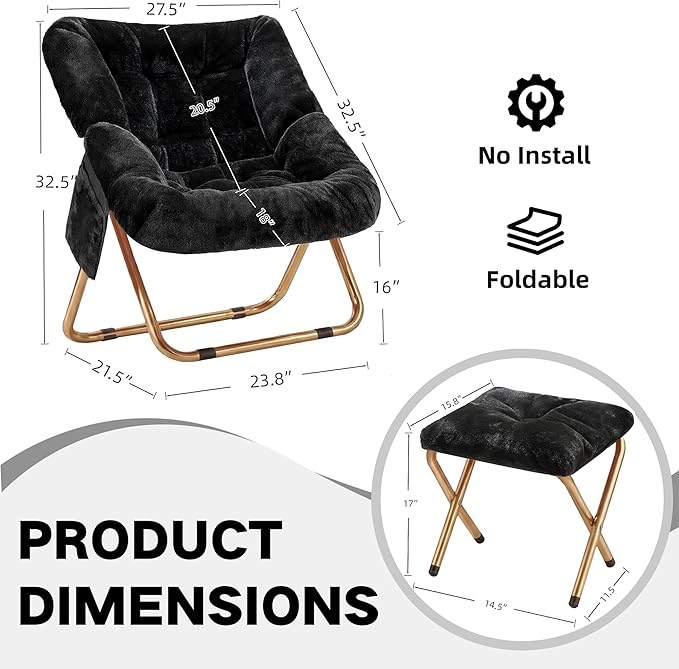 Comfy Saucer Chair for Adults Foldable Living Room Chairs Soft Faux Fur Lounge Chair for Bedroom Reading Chairs X-Large (Ottoman-Black)