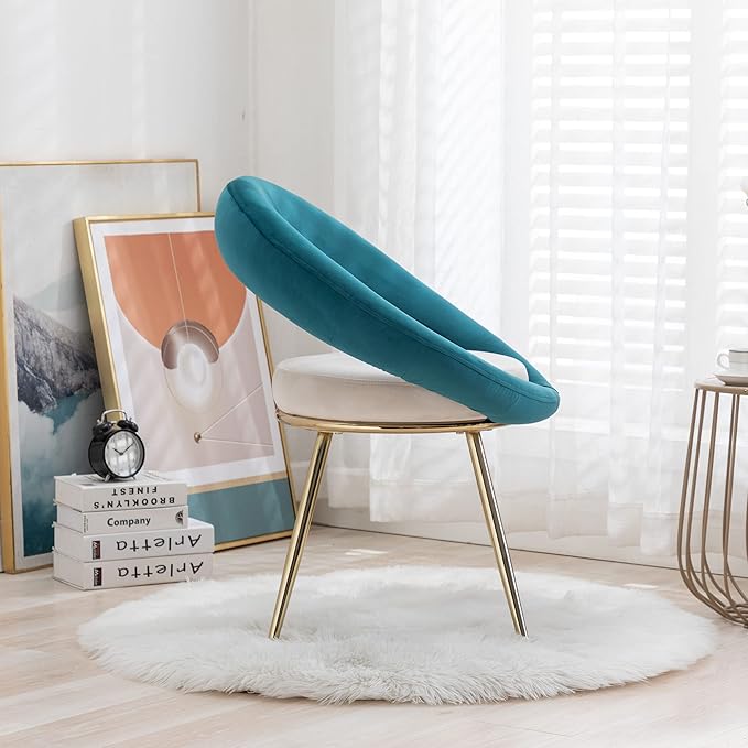 Generic Peacock BlueOff White Velvet Modern AccentConversation Lounge Chair with Gold Plated Legs Unique AppearanceSuitable for Office Lounge Living Room