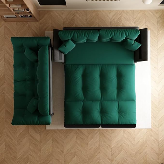 74.8 Queen Velvet Pull Out Sofa Bed 3-in-1 Convertible Sleeper Tufted Couch with 2 Soft Pillows Multi-Functional Folding Loveseat Bed Green
