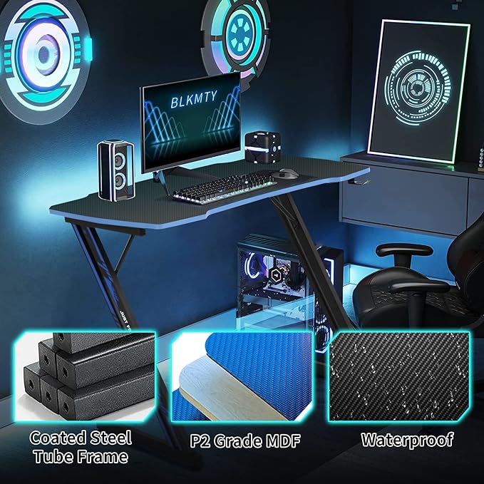 BLKMTY 35 Inch Gaming Desk Computer Desk with Headphone Hook Modern Gamer Desks Table for Home Office Dorm Sturdy Writing Workstation Z-Shaped Carbon Fiber Black Blue
