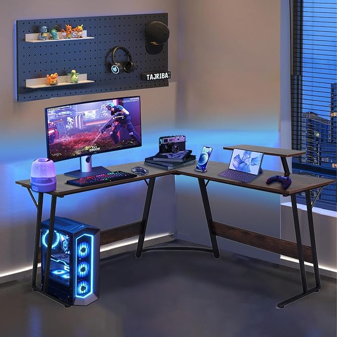 51 inch L Shaped Gaming Desk Computer Desk for Bedroom Brown L shaped Desk for GamingHome Office Desks with Detachable Monitor Stand Corner Desk for Small PlaceLargeCarbon FiberBrown desk