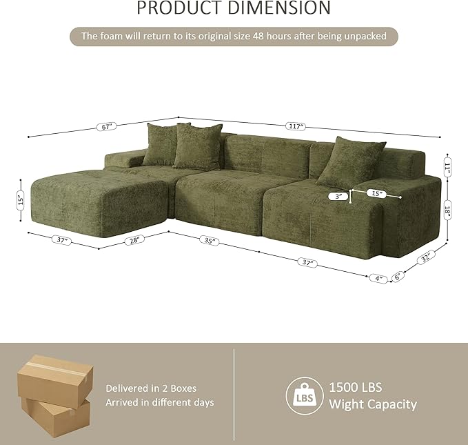 117 Modular Sectional Sofa Couch Chenille Upholstered Boneless Couch Oversized L-Shaped Cloud Sectional Couch with Ottoman &amp Deep Seating No Assembly Green