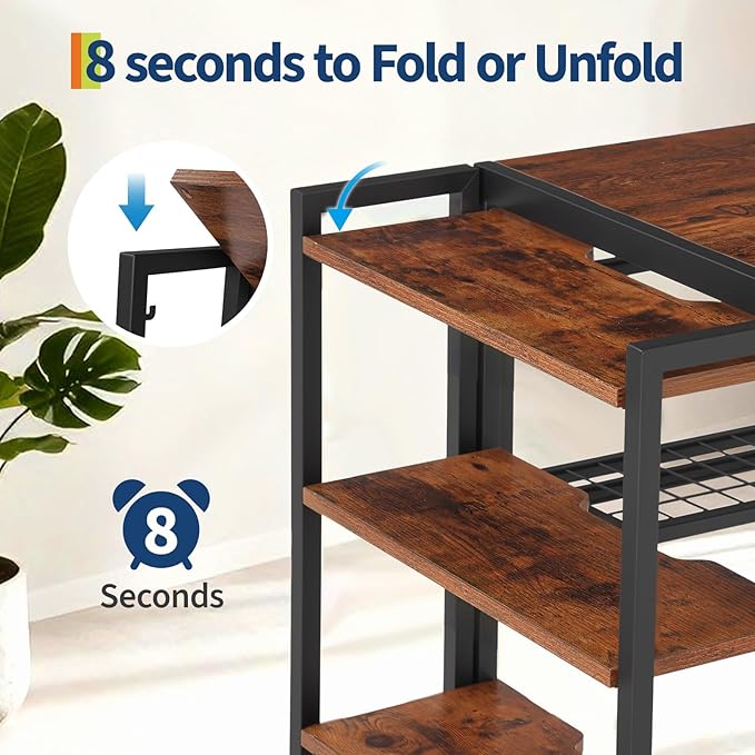 35 Folding Desk Pre-Assembled No Assembly Computer Writing Desk with Storage Shelf Portable Space Saving Desk for Bedroom Home Office Dorm Apartment Brown