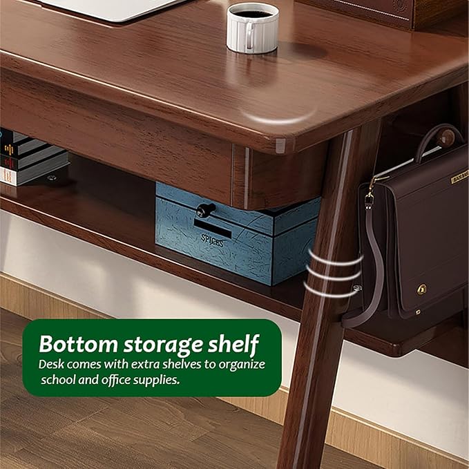 Solid Wood Writing Deskmid-Century Modern DeskHome Office Computer Desk with 2 Drawers and Storage ShelfStudy Table Workstation Scandinavian Furniture(80cm/31.5 Wood)
