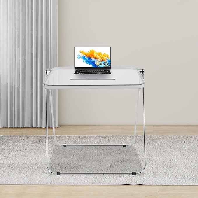 Folding TV Tray Table Acrylic Foldable Desk No Assembly Required Mini Folding Desk for Home Office Living Room Bed Room Outdoor (Silver + Clear)