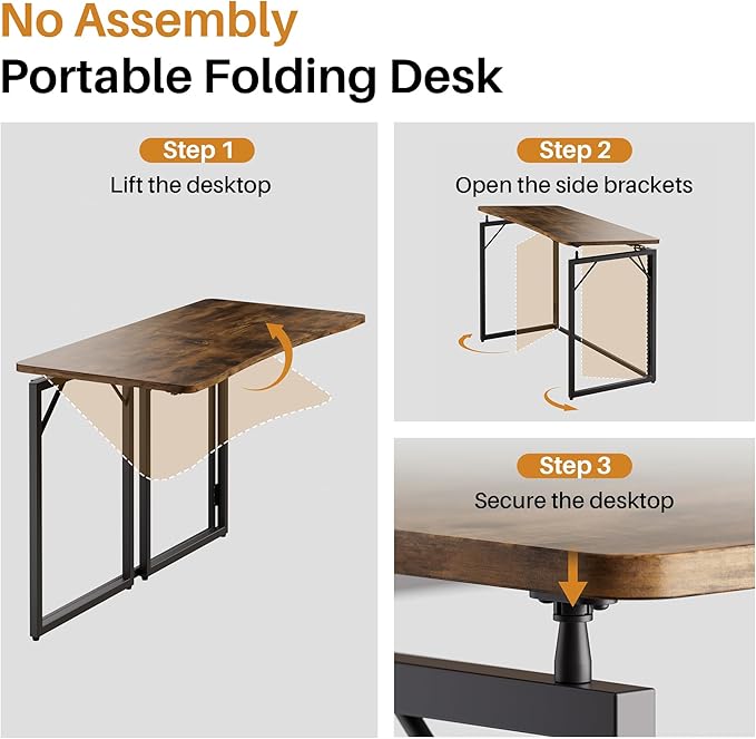 JOYMOOP Folding Desk Rustic Brown - 31.5 No Assembly Small Foldable Desk for Home Office Wooden Top Folding Computer Desk for Working Writing Studying
