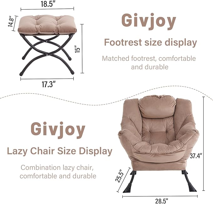 Lazy Chair and Ottoman Large Velvet Brown Accent Chair with a Side Pocket Modern Leisure Upholstered Sofa Reading Armchair with Footrest for Office Bedroom Living Room Dorm Rooms Balcony