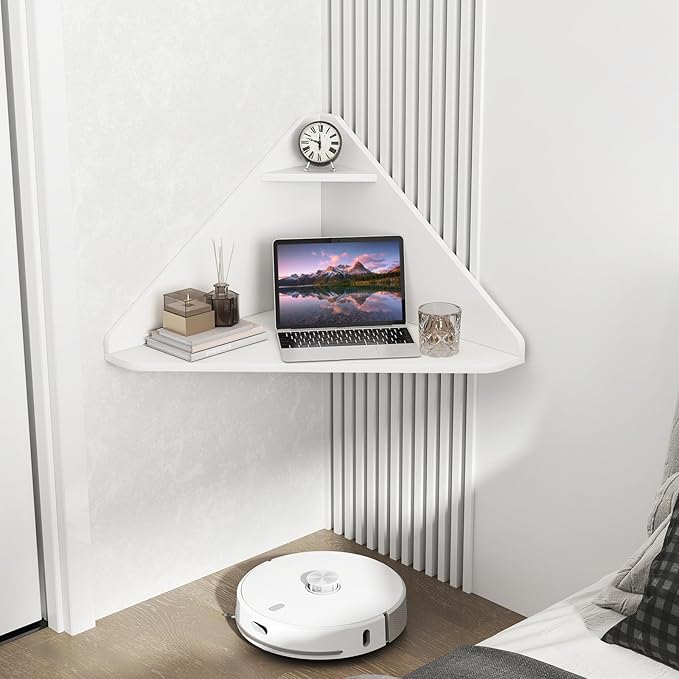GOFLAME Floating Corner Desk Wall Mounted Triangular Computer Desk w/Storage Shelf Space-Saving Design 90° Wooden Floating Home Office Desk for Writing Working Studying (White)