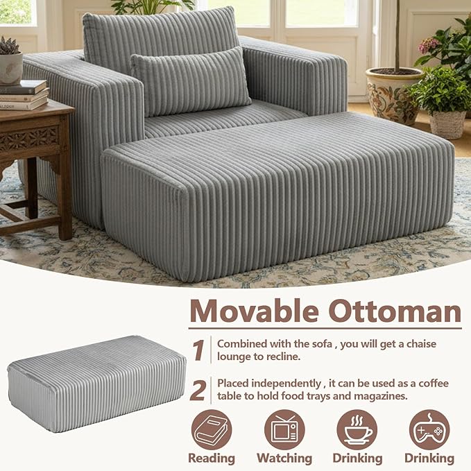 51” Oversized Boneless Chair with Ottoman Big Comfy Accent Chair with Ottoman for Living Room Cloud Chaise Lounge Chair Indoor Plush Pillows|Corduroy (Grey)