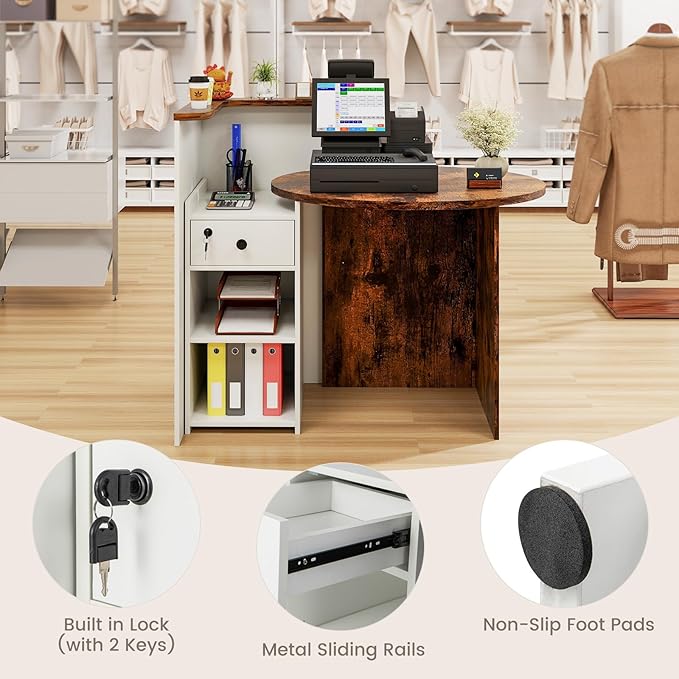 Reception Desk Small Retail Checkout Counter with Lockable Drawer and Open Shelves Wooden Computer Workstation for Home Office Lobby White Oval Desktop &amp Brown Counter
