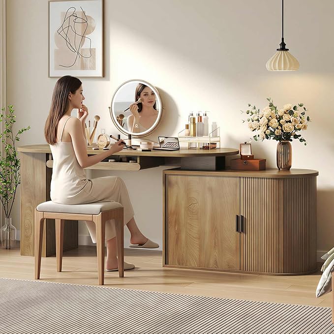 HSH L Shaped Computer Desk with Storage Cabinet Reversible Office L Desk with Keyboard Tray and Open Shelves Home Office Corner Executive Desk with Power Outlet Annual Ring Wood 60 Inch