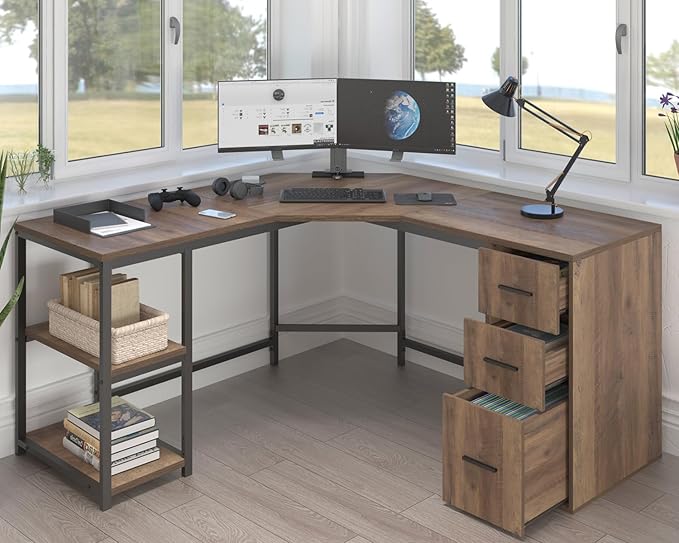 LVB Rustic L Shape Computer Desk with File Cabinet Reversible Corner L-Shaped Desk with Drawers Storage Shelf Modern Large Wood L Shaped Work Study Writing Gaming Desk Table for Home Office 60 in