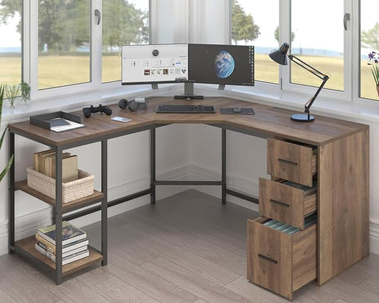 LVB Rustic L Shape Computer Desk with File Cabinet Reversible Corner L-Shaped Desk with Drawers Storage Shelf Modern Large Wood L Shaped Work Study Writing Gaming Desk Table for Home Office 60 in