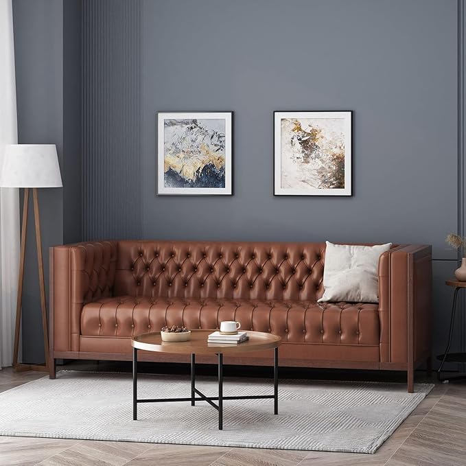 Merax 79 Inch Modern 3-Seater Sofa Button Tufted Upholstered Couch with Tuxedo Arms &amp Rubberwood Frame Low Profile Mid-Century Sofa for Living Room Light Brown