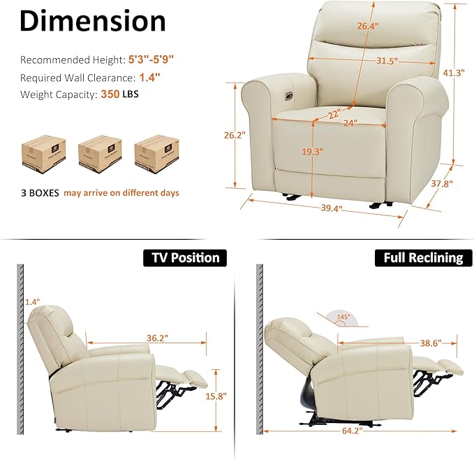 MCombo Power Wall Hugger Recliner Chair for Small Space RV Living Room USB &amp USB-C Charging Ports Modern Rolled Arm Recliner Faux Leather PR630 (Beige Medium)