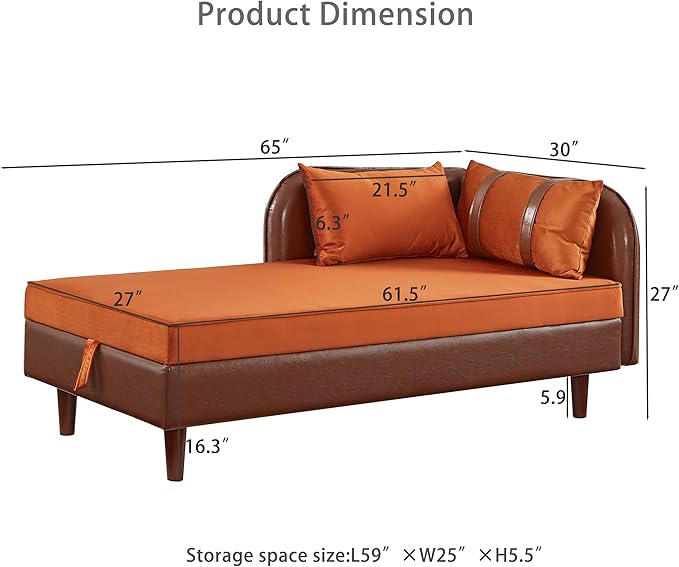 KEIKI PU Leather Chaise Lounge Chair Indoor Modern Leisure Sleeper Sofa Chair with Storage Accent Velvet Reading Couch Side Armchair Corner Arm Chairs for Living Room Bedroom Easy Assembly Brown