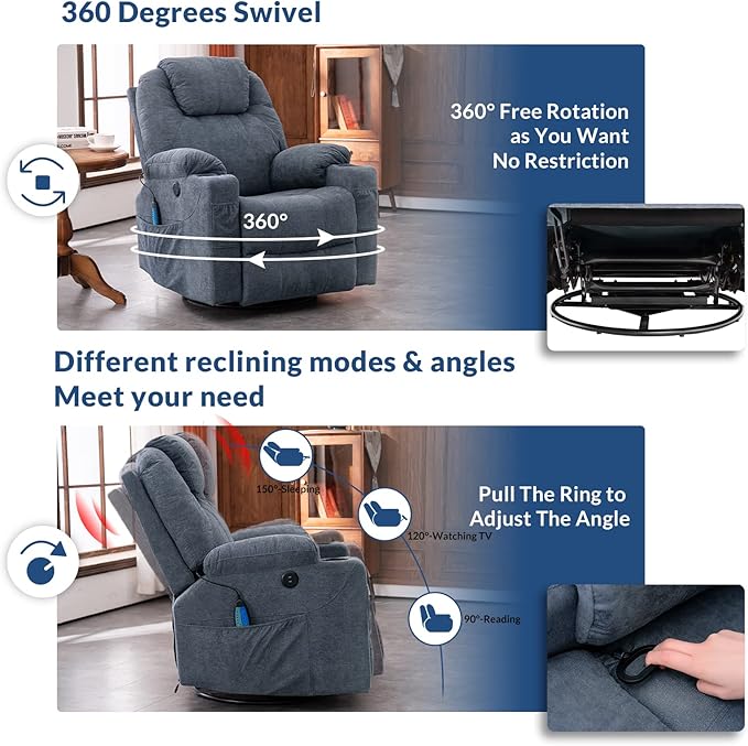 Manual 360° Swivel Rocker Recliner Chair Ergonomic Fabric Lounge Sofa Chair Glider Rocking Heated Massage Chair with Side Pockets 2 Cup Holders &amp USB Ports for Living Room Bluish Grey