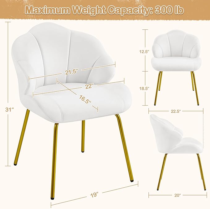Yaheetech Vanity Chair Velvet Accent Chair with Shell-Shaped Backrest Modern Armchair with Gold Metal Legs for Dressing Room/Bedroom/Living Room White