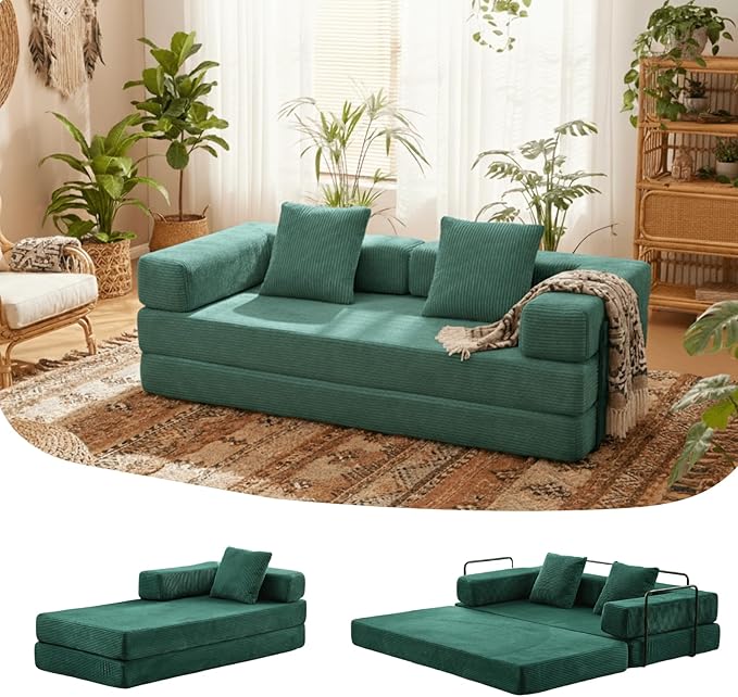 Alpen 77 Convertible Sleeper Sofa Bed with Pillow - Corduroy Fabric &amp High-Density Sponge &amp Fixed-Shape Frame Modular Sofa for Living Room/Lounge/Studio Green