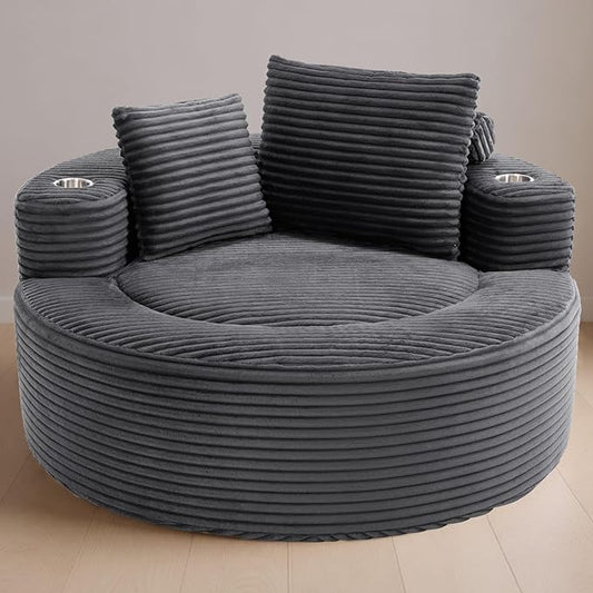 55 Oversized Round Boneless Couch Sofa Velvet Memory Foam Cloud Couches Lounge Chair Comfy Fluffy Single Sofa with 3 Pillows for Living Room Bedroom No Assembly Required (Grey +Velvet)