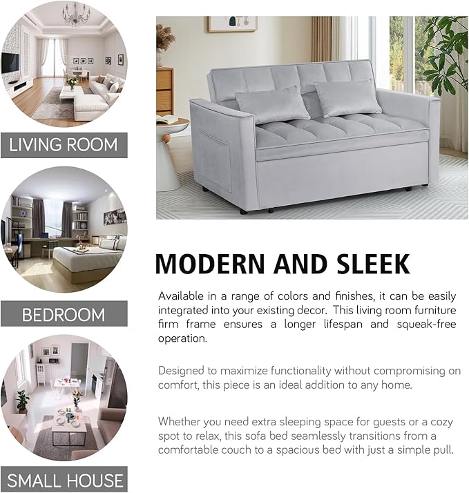 3 In 1 Velvet Convertible Sofa Bed Pull Out Couch Bed with Reclining Backrest And 2 Pillows 54 Full Size Loveseat Sleeper Sofa Futon Couch Beds Couches For Small Spaces Living Room (Silver Grey)