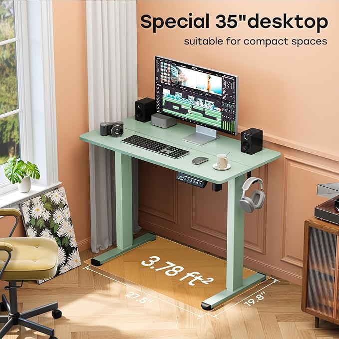 Small Standing Desk 35 ×20 Electric Standing Table Height Adjustable Compact Sit Stand Workstation with Splice Board Home Office Desk with 2 Hooks Sage Green