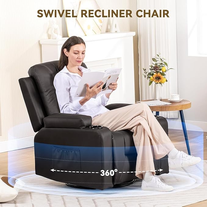 COMHOMA Recliner Chair Swivel Rocker Recliners Reclining Sofa with Side Pockets Cup Holders for Living Room Bedroom (Brown)