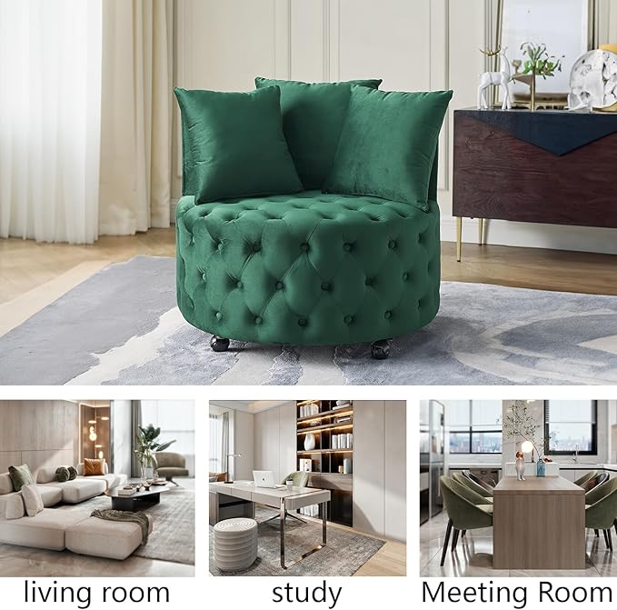 LLS Swivel Barrel Chair Velvet Accent Barrel Chair with 3 Pillows and 4 Wheels 360 Degree Sofa Chair Modern Button Tufted Upholstered Accent Chair for Living Room Bedroom Green