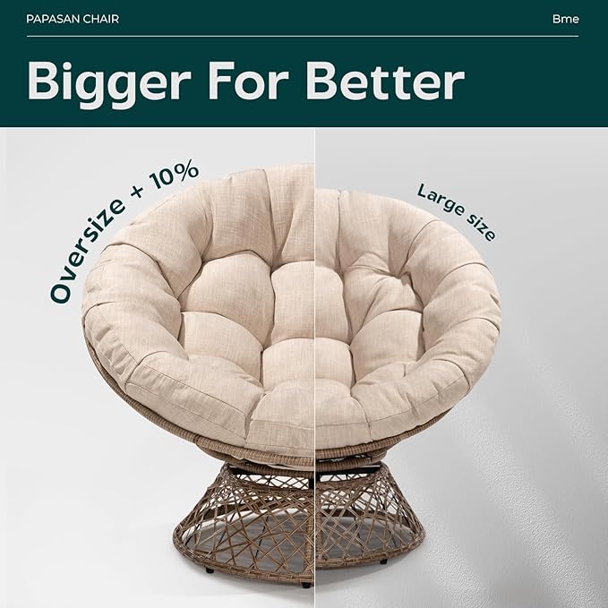 Bme 46 Large Size Ergonomic Wicker Papasan Chair with Soft Thick Density Fabric Cushion Bee-Designed Base High Capacity Steel Frame 360 Degree Swivel for Living Bedroom...