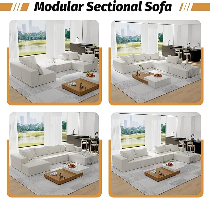 151'' Modular Sectional Sofa Couches Chenille Sleeper Deep Seat Sofa Bed Oversized Cloud Couch with 6 Pillows Free Combination Compression Sofa for Living RoomNo Assembly Beige