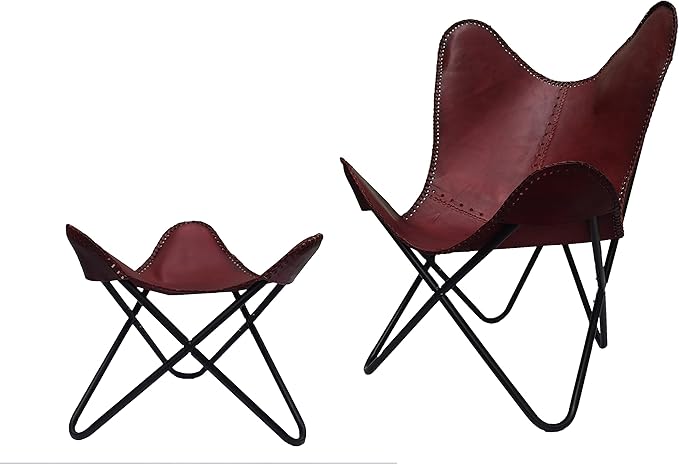 Brown Leather Accent Chair/Handmade Leather Butterfly Chair with Ottoman Boho Home Décor/Living Room Chair- Cover with Folding Frame (Black Iron Frame)