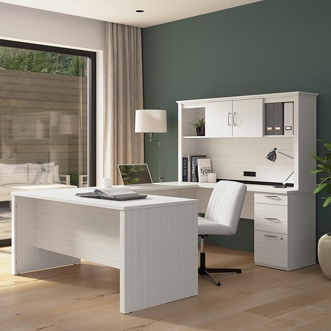 Bestar Logan 66W U or L-Shaped Executive Office Desk with Pedestal and Hutch in White Chocolate